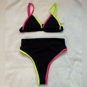 Black Bikini Suit with Pink and Neon Green Lining
